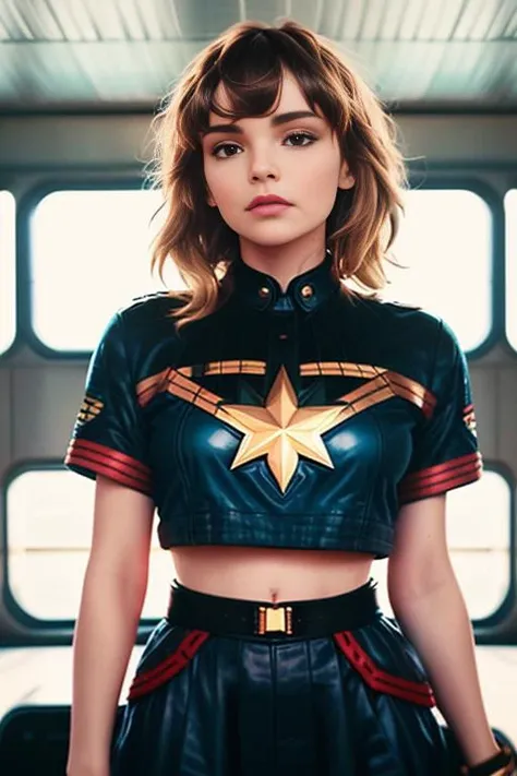laurenmayb3rry, hyper realistic photograph, detailed face, film grain, Kodak portra 800, f1.8, Captain Marvel outfit,