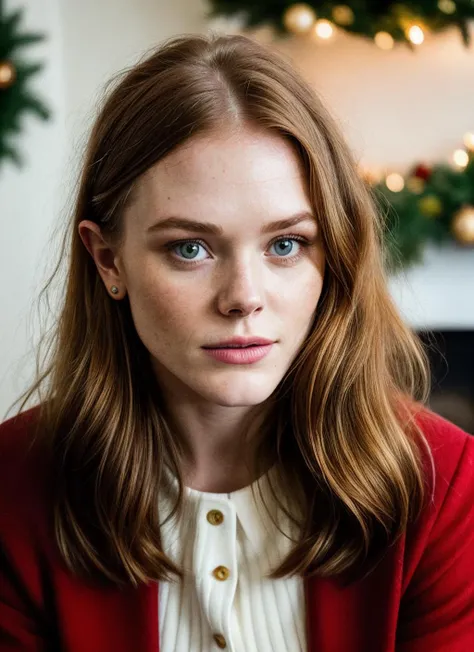 RAW photo of abigailcowen-ti, natural lighting, 8k uhd, dslr, high quality, film grain, Fujifilm XT3, <lora:add_detail:0.7> by Gerda Taro, (christmas clothing)