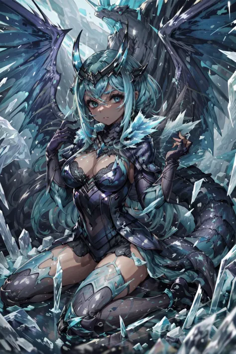 masterpiece,best quality,1girl,velkhana,monster hunter,scales,monster girl,tail,horns,wings,wariza,hands up,(ice,sharp ice),<lora:Velkhana:0.6>,