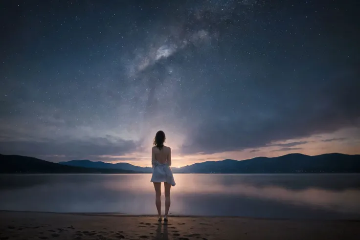 (high quality), outdoors, epic sky, shore, 1girl, beautiful, cute face, full body, <lora:PAseerStarSkyV1:1>, back turned,