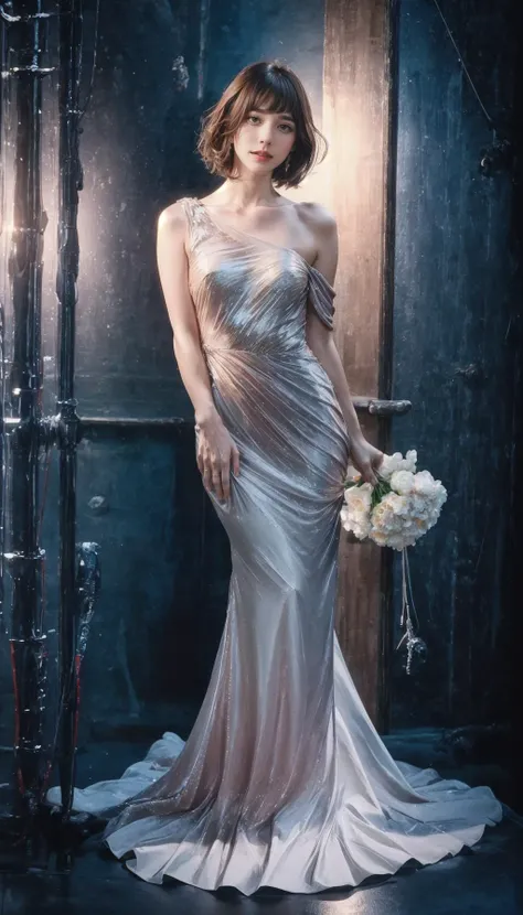 1girl,choppy bob,Pretending to hold a fish by its tail,One-shoulder wedding dress,
,superstar,nsfw,(RAW photo, best quality), (realistic, photo-realistic:1.3), masterpiece, 
<lora:difConsistency_photo:0.55> <lora:difConsistency_detail:0.4>  <lora:tangbohu_saturation_v1.0:0.65>  <lora:superstar2-000029:0.5> <lora:PAseerStarSkyV1:0.5>