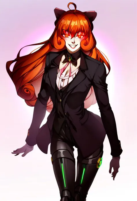 Penny Polendina, RWBY, red eyes, long hair, black suit, three piece suit, black suit, tuxedo, one person, glowing eyes, smirk, mechanical legs,, lips, score_9, score_8_up, score_7_up, score_6_up, score_5_up, score_4_up, red glowing lights, 1 person, red glowing cybernetics, <lora:PennyPolendinaPDXL:1>