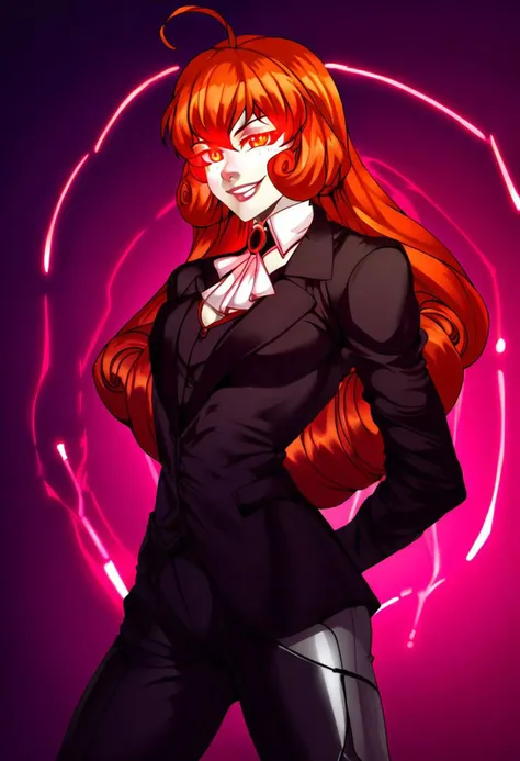 Penny Polendina, RWBY, red eyes, long hair, black suit, three piece suit, black suit, tuxedo, one person, glowing eyes, smirk, mechanical legs,, lips, score_9, score_8_up, score_7_up, score_6_up, score_5_up, score_4_up, red glowing lights, 1 person, red glowing cybernetics, <lora:PennyPolendinaPDXL:1>