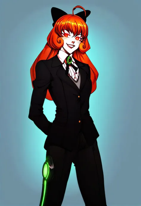 Penny Polendina, RWBY, red eyes, long hair, black suit, three piece suit, black suit, tuxedo, one person, glowing eyes, smirk, mechanical legs,, lips, score_9, score_8_up, score_7_up, score_6_up, score_5_up, score_4_up, red glowing lights, 1 person, red glowing cybernetics, <lora:PennyPolendinaPDXL:1>