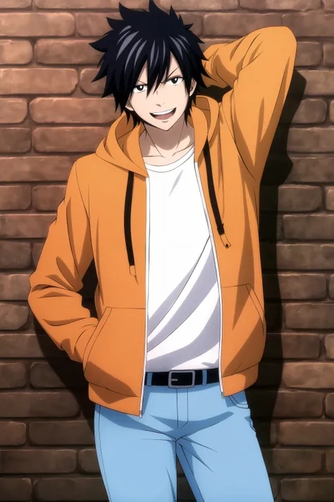 masterpiece, best quality, gray_fullbuster, 1boy, portrait, cowboy shot, looking at viewer, ((arm behind head)), brick wall, black hair, black eyes, laughing, casual, tight, (orange jacket, hooded jacket), white t-shirt, (blue pants),