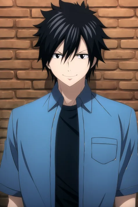 masterpiece, best quality, gray_fullbuster, 1boy, portrait, looking at viewer, brick wall, black eyes, happy, light smile, ((blue shirt, collared shirt), (open shirt), (black t-shirt)),