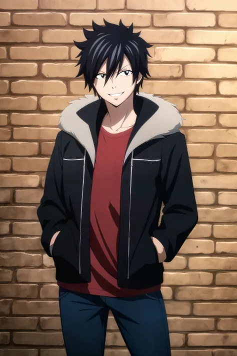 masterpiece, best quality, gray_fullbuster, 1boy, portrait, cowboy shot, looking at viewer, brick wall, hands in pockets, black hair, black eyes, smile, casual, tight, (black jacket), fur-trimmed jacket, red t-shirt, blue pants,