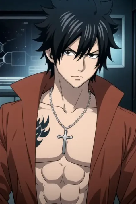masterpiece, best quality, game cg, 1boy, solo, male focus, looking at viewer, upper body, , anime coloring, realistic, <lora:gray_fullbuster:0.72>, gray_fullbuster, black hair, black eyes, spiked hair, necklace, topless male, tattoo, , new wave science fiction,