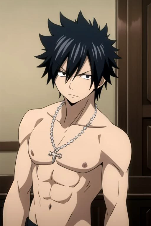 masterpiece, best quality, illustration, 1boy, solo, male focus, looking at viewer, , , , , <lora:gray_fullbuster:0.74>, gray_fullbuster, black hair, black eyes, spiked hair, necklace