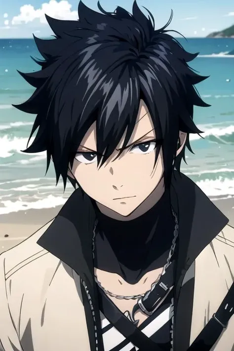 masterpiece, best quality, illustration, 1boy, solo, male focus, looking at viewer, , depth of field, anime coloring, realistic, <lora:gray_fullbuster:0.74>, gray_fullbuster, black hair, black eyes, spiked hair, , , , shore,