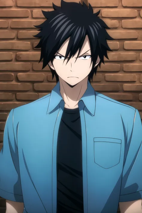 masterpiece, best quality, gray_fullbuster, 1boy, portrait, looking at viewer, brick wall, angry, ((blue shirt, collared shirt), (open shirt), (black t-shirt)),