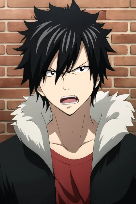 masterpiece, best quality, gray_fullbuster, 1boy, portrait, looking at viewer, brick wall, black eyes, angry, shouting, casual, ((black jacket, (fur-trimmed jacket))), red t-shirt,