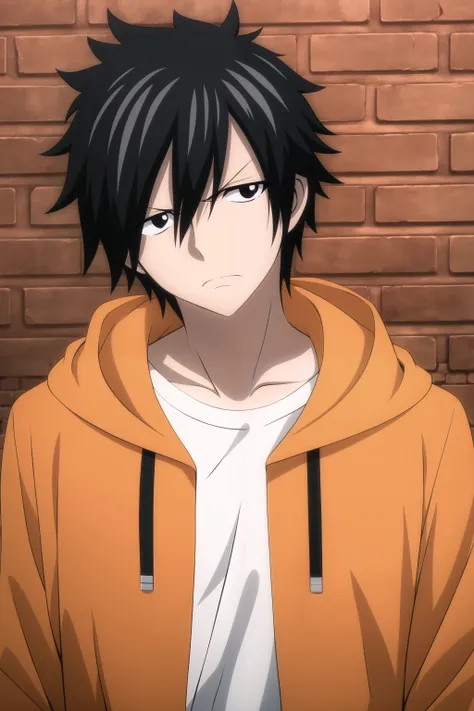 masterpiece, best quality, gray_fullbuster, 1boy, portrait, looking at viewer, (head tilt), brick wall, black eyes, sad, depressed, (orange jacket, hooded jacket, hood down), drawstring, (white t-shirt),