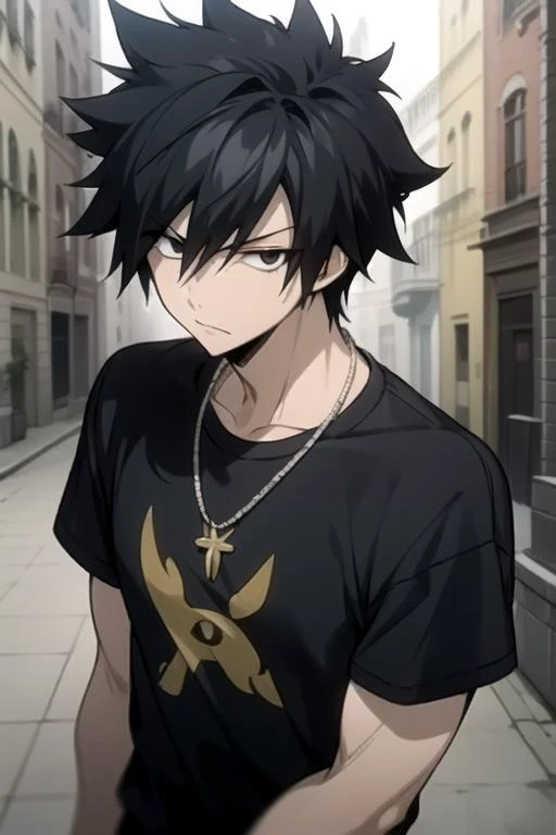 Masterpiece, Perfect face, expressive eyes, he is dressed in a black jacket and black pants, 1boy, male focus, solo, black gloves, gloves, black hair, short hair, clean hair, shirt, pants, purple eyes, tight black tank top,  black pants, looking at viewer, Japan background, , short sleeves, Bleach style, Bleach
