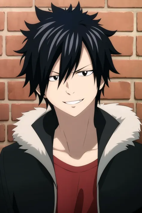 masterpiece, best quality, gray_fullbuster, 1boy, portrait, looking at viewer, brick wall, black eyes, happy, light smile, casual, ((black jacket, fur-trimmed jacket)), red t-shirt,