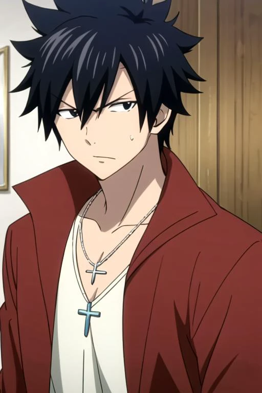 masterpiece, best quality, movie still, 1boy, solo, male focus, looking at viewer, upper body, , , , <lora:gray_fullbuster:0.70>, gray_fullbuster, black hair, black eyes, spiked hair, necklace