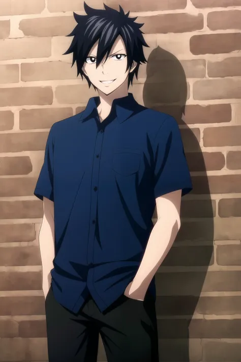 masterpiece, best quality, gray_fullbuster, 1boy, portrait, cowboy shot, looking at viewer, brick wall, hands in pockets, black hair, black eyes, smile, casual, tight, (blue shirt, collared shirt), short sleeves, black pants,