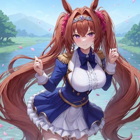 ((masterpiece, best quality)),1girl,horse ears,<lora:Daiwa Scarlet(p):0.6>,((lake)),petals,standing