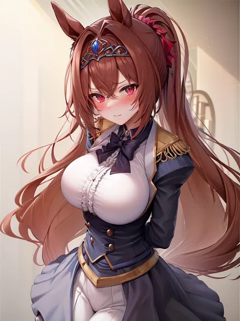 masterpiece, best quality, <lora:daiwaScarlet_daiwaScarletOriginal:0.6>, 1girl, horse ears, red eyes, large breasts,blush,