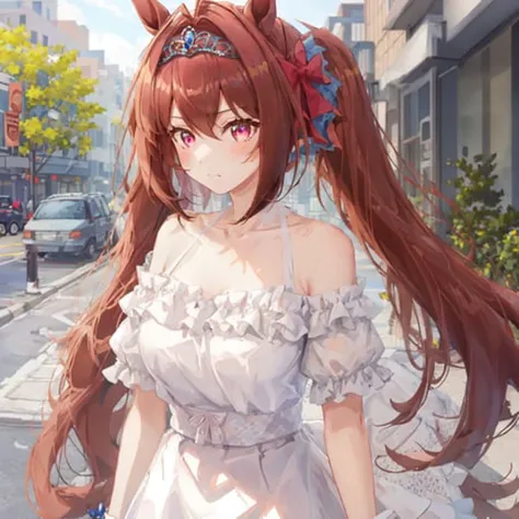 ((masterpiece, best quality)), <lora:Daiwa Scarlet:0.6>,1girl,Daiwa Scarlet,Daiwa Scarlet(Private clothes),horse ears,horse girl,brown hair,long_hair, twintails,red_eyes,slit pupils,tiara, very_long_hair,hair_intakes,white shirt,bare_shoulders,blue skirt,short_sleeves,street, dating, blush, shy