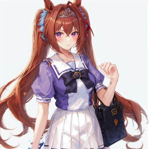 ((masterpiece, best quality)), <lora:Daiwa Scarlet:0.6>,1girl,Daiwa Scarlet,Daiwa Scarlet(Tracen uniform),horse ears,horse girl,brown hair,long_hair, twintails,red_eyes,slit pupils,tiara, very_long_hair,hair_intakes,bow, school_uniform, short_sleeves, tracen_school_uniform,puffy_short_sleeves, purple_shirt,school,school bag,