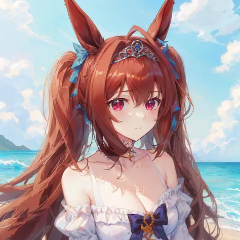 ((masterpiece, best quality)),(illustration),(detailedlight),((anextremelydelicateandbeautiful)),1girl,Daiwa Scarlet,horse ears,horse girl,brown hair,long_hair, twintails,red_eyes,slit pupils,tiara, very_long_hair,hair_intakes,swimsuit, beach, sea,sun