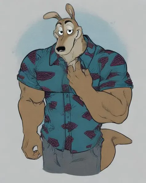 <lora:rockorama:1> rockorama, (tan fur, wallaby:0.5), solo
anthro
muscular
male, clothed
half-length portrait, simple background, toony, flat colors