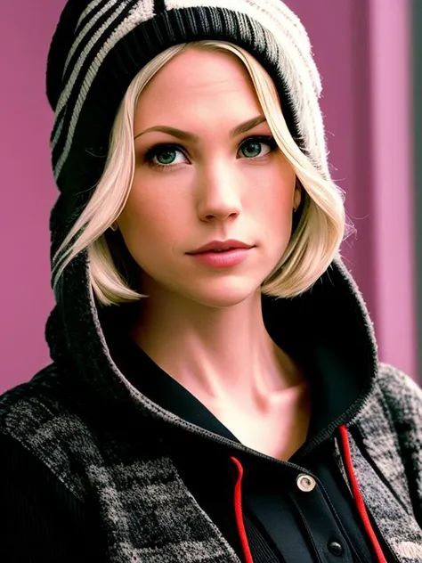 photo of (BettyDraper:0.99) (phone heatset:1.1), shock512 wearing a black hoodie, with a red, with a white striped beanie, detailed face, realistic skin, high quality, (brown eyes:1.1), Leica 50mm, f1. 4, natural light, grainy, (high detailed skin:1.2)