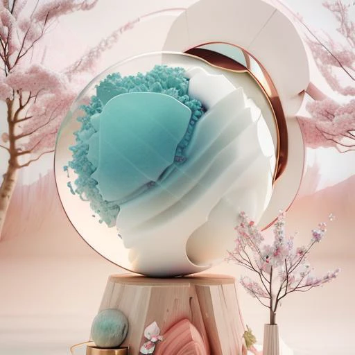 (best quality, masterpiece, absurdres, 3d:1.2), surreal, detailed background, spheres, Octane Render, no humans, glowing, 
artwork of 3D geometry, dailyRender, still life, 3d geometry, 3d model, by Hella Jongerius, craft-based style, concept design, clean, perspective, glass, flower, space helmet, cherry blossoms,
<lora:LoHA-dailyRenderStyle-000018:1>