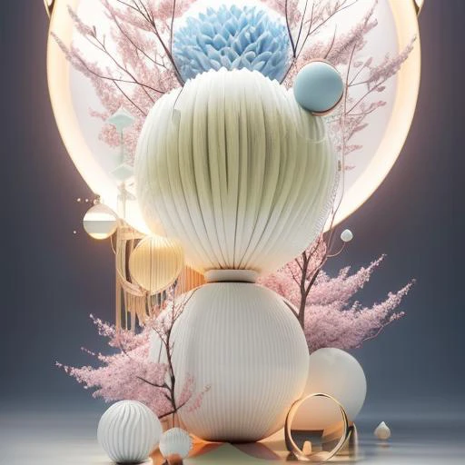 (best quality, masterpiece, absurdres, 3d:1.2), surreal, detailed background, spheres, V-Ray Render, no humans, glowing, 
artwork of 3D geometry, dailyRender, still life, 3d geometry, 3d model, by Achille Castiglioni, surreal style, concept design, clean, perspective, glass, flower, space helmet, cherry blossoms,
<lora:LoHA-dailyRenderStyle-000018:1>