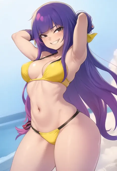1girl, miko_kubota, long hair, yellow bikini, ribbon, fingerless gloves, cowboy shot, smile, smug, arms under breasts, <lora:miko_kubota-15:0.9>