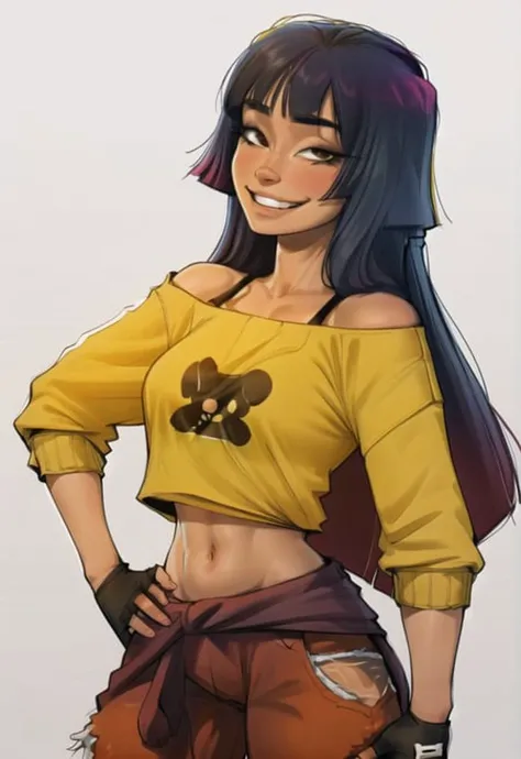 (photorealistic:1.2), 1girl, long hair, blunt bangs, miko_kubota, yellow shirt, off shoulder, navel, pants, sweater around waist, fingerless gloves, smile, smug, <lora:miko_kubota-15:0.9> <lora:gopheralphastyle_10:1>