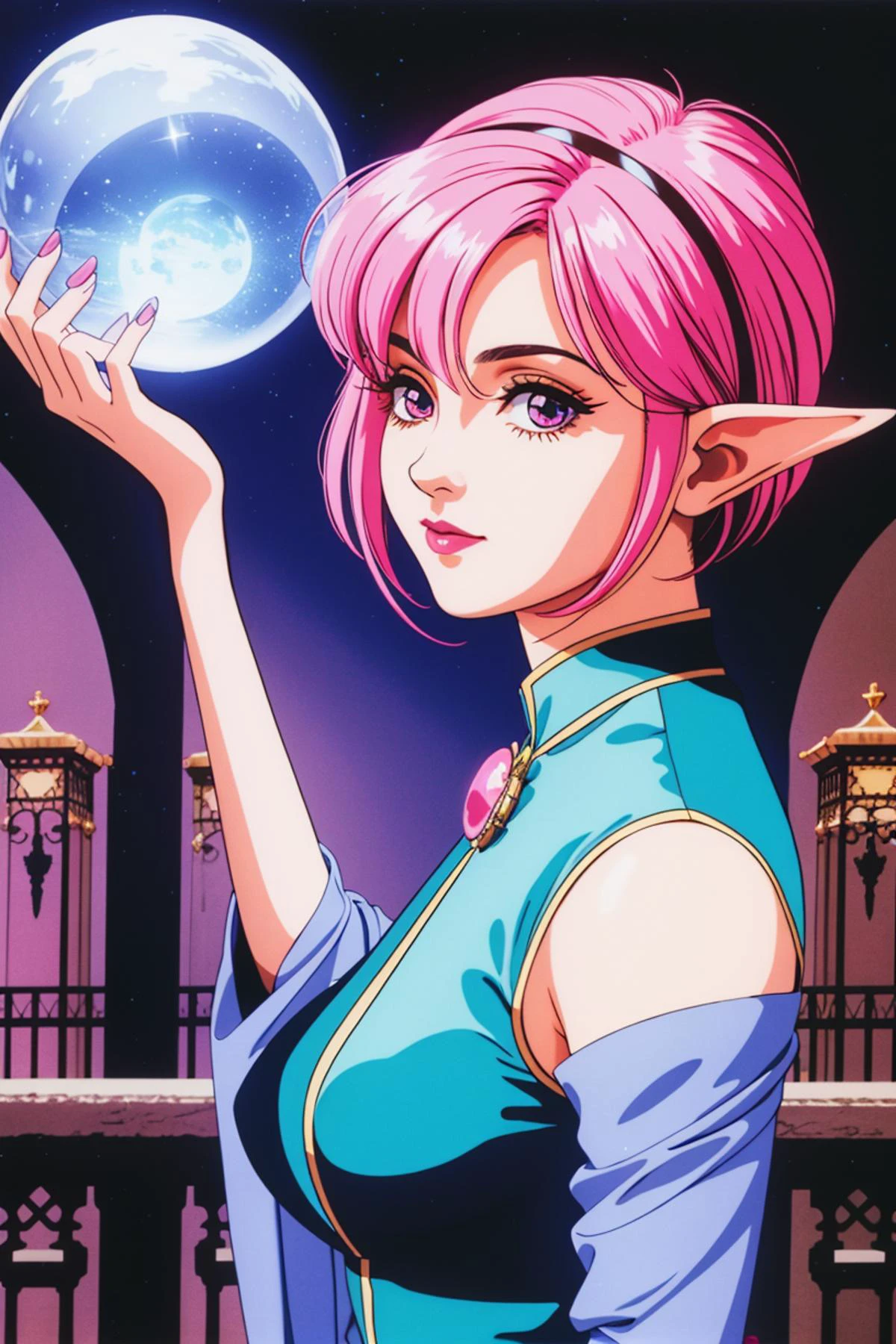 elf female, dress, mature, woman, seductive, retro, 1980s \(style\), aesthetic, nature, castle, (complex composition:1.1), (wires:1.1), mechanisms, bluethebone, 1girl, attractive, magneficient, magic atmosphere, love, romantic atmosphere, sliced pink hair, pigtail haircut, magic orb, (extravagant pose:1.2), <lora:1990sAnimeStyleLora_1:0.1>, <lora:1600sLORA:0.1>, <lora:bluetheboneEsthetic80s_bluethebone19:0.8>, <lora:bluetheboneEsthetic80s_bluethebone19:0.1>, <lora:esthetic90sStyle_90sv1:0.3>, <lora:esthetic90sStyle_90sv16R:0.1>, <lora:estheticUrushihara_uruv1:0.1>, <lora:yuukiNobuteru1990_offset:0.1>, <lyco:envybetterhandsLocon_beta2:1>