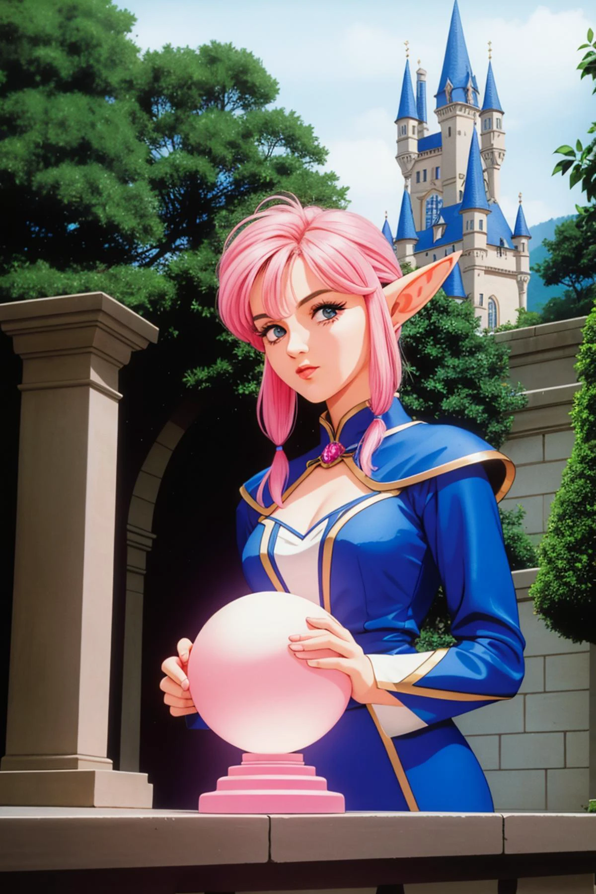 elf female, dress, mature, woman, seductive, retro, 1980s \(style\), aesthetic, nature, castle, (complex composition:1.1), (wires:1.1), mechanisms, bluethebone, 1girl, attractive, magneficient, magic atmosphere, love, romantic atmosphere, sliced pink hair, pigtail haircut, magic orb, (extravagant pose:1.2), <lora:1990sAnimeStyleLora_1:0.1>, <lora:1600sLORA:0.1>, <lora:bluetheboneEsthetic80s_bluethebone19:0.8>, <lora:bluetheboneEsthetic80s_bluethebone19:0.1>, <lora:esthetic90sStyle_90sv1:0.3>, <lora:esthetic90sStyle_90sv16R:0.1>, <lora:estheticUrushihara_uruv1:0.1>, <lora:yuukiNobuteru1990_offset:0.1>, <lyco:envybetterhandsLocon_beta2:1>