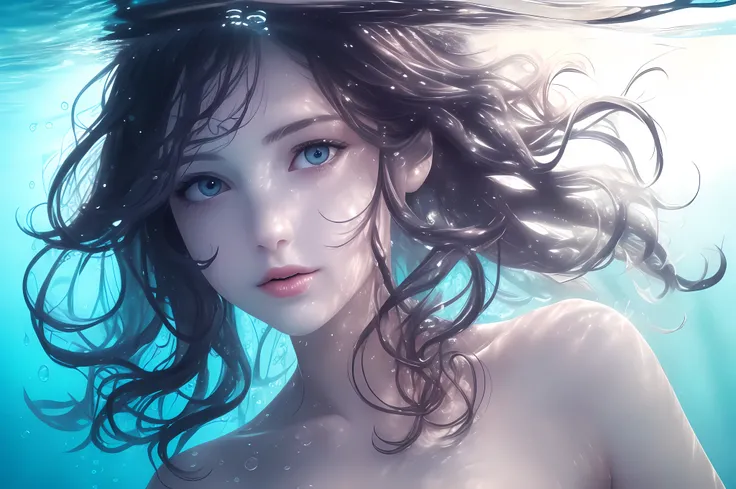 masterpiece, photo realistic, face portrait of young 1woman, swimming underwater, topless, bare shoulders, beautiful detailed face, ((natural detailed hair movement underwater)), air bubbles, vibrant, realistic, dramatic, sharp focus, 8k