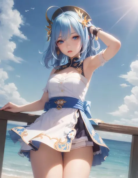 masterpiece, best quality, ultra-detail, illustration, close-up, straight shot, focus on face, 1 girl, blue hair, golden eyes, long hair, halo, angel wings, looking into the distance
