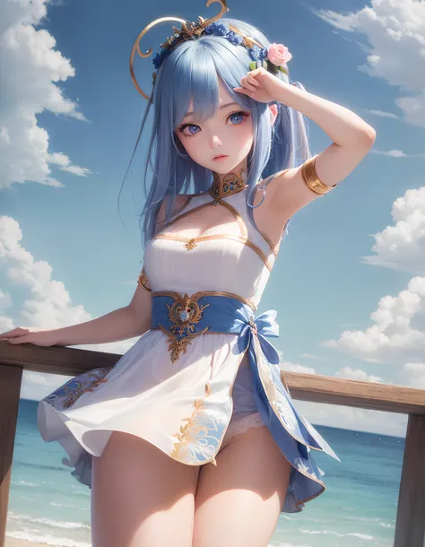 masterpiece, best quality, ultra-detail, illustration, close-up, straight shot, focus on face, 1 girl, blue hair, golden eyes, long hair, halo, angel wings, looking into the distance