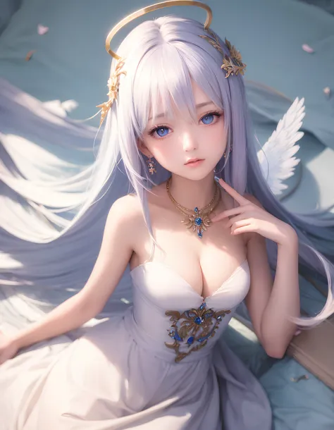 masterpiece, best quality, ultra-detail, illustration, close-up, straight shot, focus on face, 1 girl, blue hair, golden eyes, long hair, halo, angel wings, haughty expression, looking into the distance