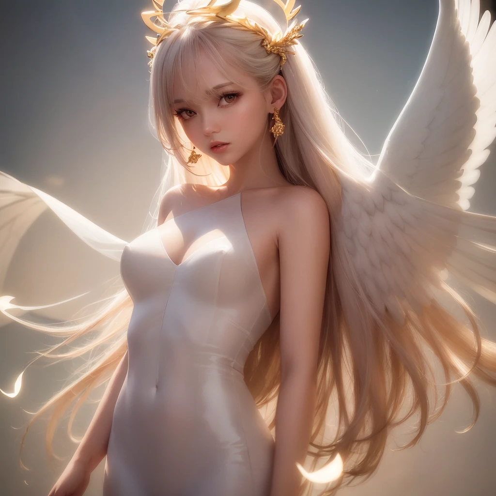 masterpiece, best quality, ultra-detail, illustration, close-up, full body, (topless), breast, (1girl), long grey hair, golden eyes, long hair, (halo), detailed cloud, detailed sky, angel wings, haughty expression, looking at the viewer, standing, luxurious dress, (sunshine, light beam, cinematic lighting), flying, hair ornament, jewelry, earings angel, (translucent white dress), smooth skin, <lora:nudify_v12:0.3>, lighting on face, wind