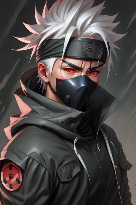 masterpiece, best quality,kakashi, sharingan,1boy,solo, male focus, mask, red eyes, white hair, mouth mask, jacket, spiked hair, gradient background, upper body, gradient, hood, looking at viewer