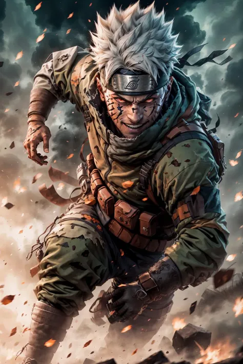 kakashi, 1boy, solo, male focus, ninja, scar, debris, gloves, teeth, fantasy, glowing, facial mark, embers, looking at viewer