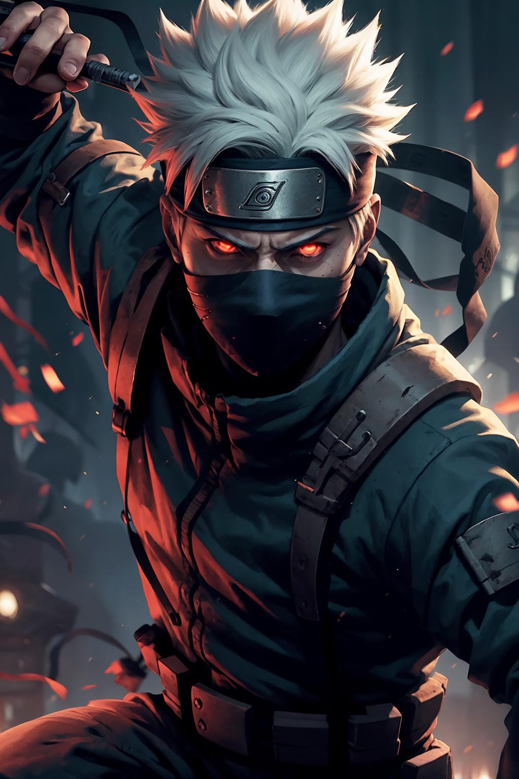 A man with white hair and a mask holding a sword - SeaArt AI