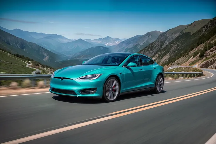 a professional three quarter photography shot of a pearlescent [green:blue] tslas on a mountain road  <lora:teslaModelS1521768_15:.65> 