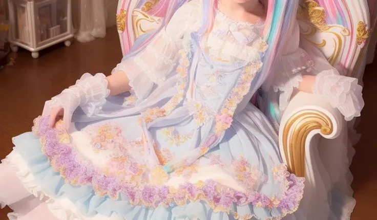 <lora:****ta_dress:1>, (ultra-detailed, an extremely delicate and beautiful),((ultra-detailed)),(best quality),((illustration)),(Celluloid:1.25),(cygames:1.35),1girl,
(solo:1.5),(flat_chest:1.3),(girl sitting in throne:1.2),(wavy hair),(long hair),white hair,((colorful hair:1.45)),((streaked hair:1.2)),(hair ribbon:1.15),hair flower,(Women's small formal hat:1.25),((expressionless,)),beautiful detailed face,( beautifully detailed eyes),
(sweet_****ta),(dress),(detached sleeves),(ribbon-trimmed sleeves),(white gloves),((Chocolates,candy)),((pleated skirt)),((white pantyhose)),(no shoe),
Detailed background,(glass jar:1.25),(Candy and chocolate in bottle:1.25),(A lot of candy around girl:1.35),(Stacked candy tower:1.25),Candy and chocolate on the skirt,