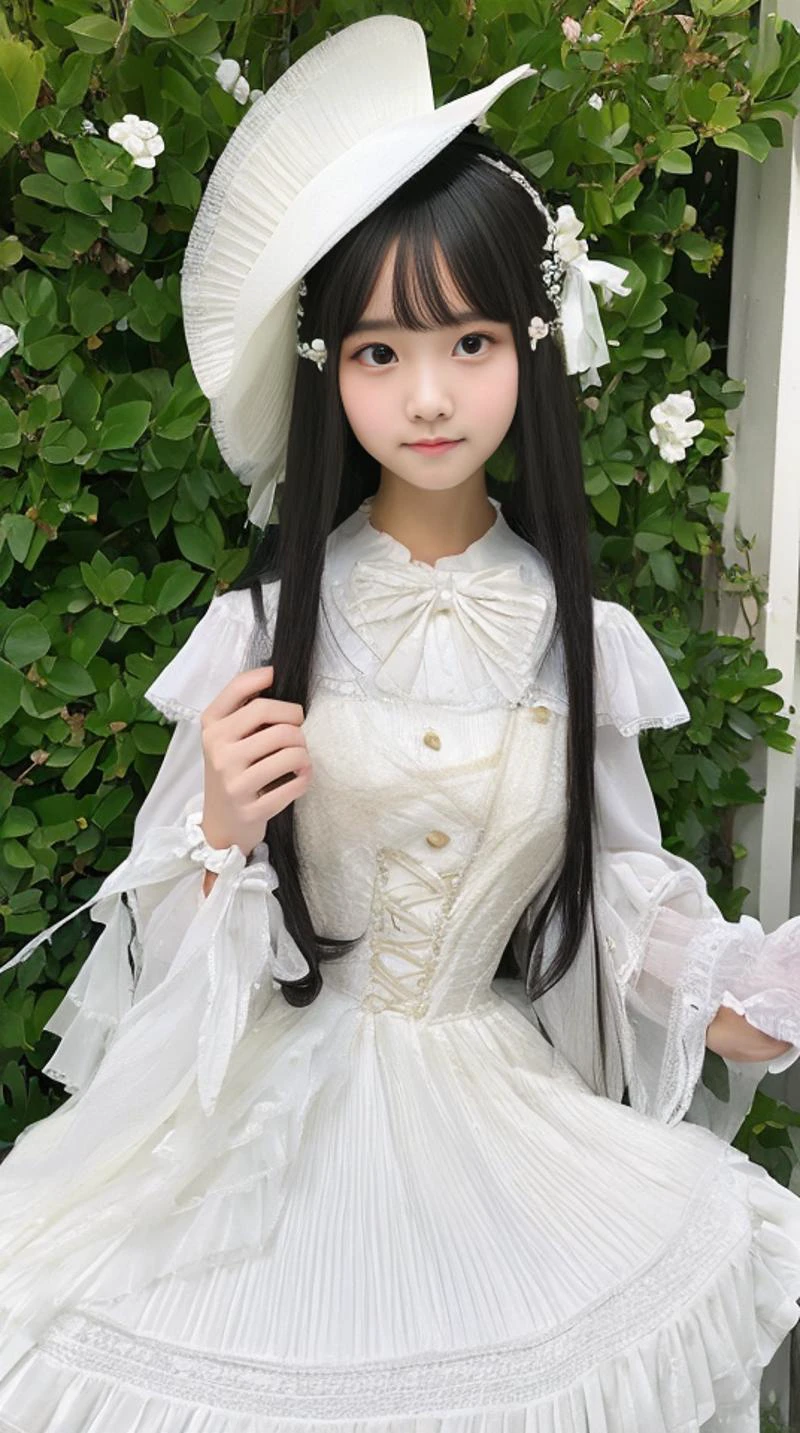 (masterpiece,best quality,highly detailed,extremely detailed CG unity 8k wallpaper,illustration,highres,absurdres,realistic,photo-realistic,RAW photo,amazingfinely detail,award winning photo,high quality, high details, hyper detailed),

1 girl, <lora:B_3A_lolitaDress_v10:1>,((pleated skirt)),((white pantyhose)),(white gloves),(dress),(detached sleeves),(ribbon-trimmed sleeves),hair flower,(Women's small formal hat:1.25),(sweet_lolita),(hair ribbon:1.15),(long hair),

huge_breasts,(beautiful detailed eyes,symmetry,perfect face),delicate and pretty,fair skin,real human skin,natural lighting,film grain,
Detailed background,