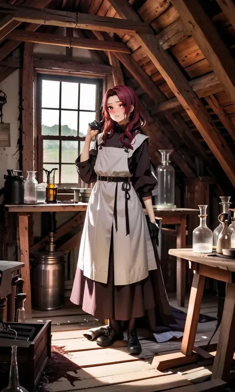 in the attic, A female death sorcerer standing in an alchemy laboratory at a table filled with lab appliances, unhinged facial expression, wearing Dove Gray cloth, sweating, dirty, messy, barren, bright window, wooden beams