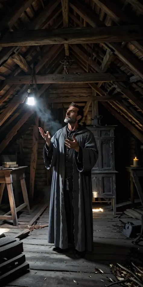 in the attic, A male conjurer standing in a clearing in a dark wood casting a complex magical spell, concentrated facial expressions, eyes partly closed, wearing Storm Gray robes, spooky, bar, beam of light