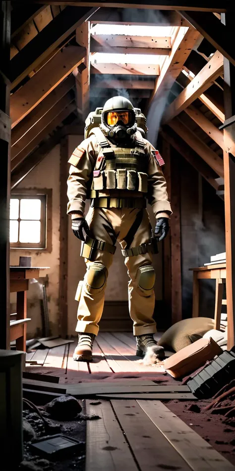 in the attic, a portrait of an space marine rising above a futuristic battlefield, mud covers the Sage camouflage uniform and light protective gear, fearful facial expression, smoke and dust, spooky, messy, bar, beam of light