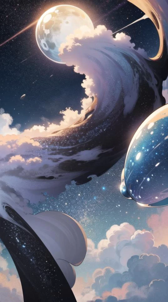 ((foam)), ((foamy)), (rainbow bubble), moonlight((best quality)), ((masterpiece)), ( extreme detailed, highest detailed, official art, beautiful and aesthetic:1.2), depth of field, composition <lora:BubbleBraV1:1> BUBBLEBRA, black hole, galaxy, stars, planet, moon, cloud, droplets, rain, waves, mist