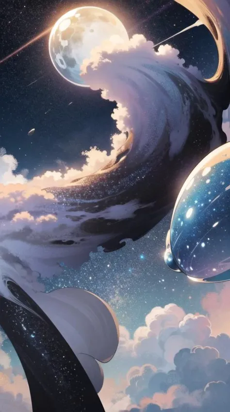 ((foam)), ((foamy)), (rainbow bubble), moonlight((best quality)), ((masterpiece)), ( extreme detailed, highest detailed, official art, beautiful and aesthetic:1.2),  depth of field, composition <lora:BubbleBraV1:1> BUBBLEBRA, black hole, galaxy, stars, planet, moon, cloud, droplets, rain, waves, mist